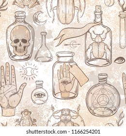 Mystic, magic, background. Religion and the occultism with esoteric and masonic symbols. Medieval manuscript inspired. Vector seamless pattern in retro style. Repeating Trendy stylish texture.