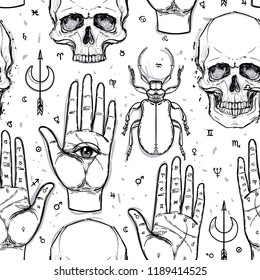 Mystic, magic, background. Religion and the occultism with esoteric and masonic symbols. Medieval manuscript inspired. Vector seamless pattern in retro style. Repeating Trendy stylish texture.