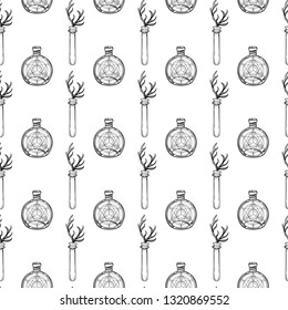 Mystic, magic, background. Religion and the occultism with esoteric and masonic symbols. Medieval manuscript inspired. Vector seamless pattern in retro style. Repeating Trendy stylish texture.