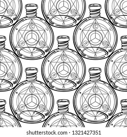 Mystic, magic, background. Religion and the occultism with esoteric and masonic symbols. Medieval manuscript inspired. Vector seamless pattern in retro style. Repeating Trendy stylish texture.