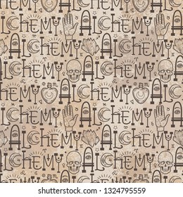 Mystic, magic, background. Religion and the occultism with esoteric and masonic symbols. Medieval manuscript inspired. Vector seamless pattern in retro style. Repeating Trendy stylish texture.