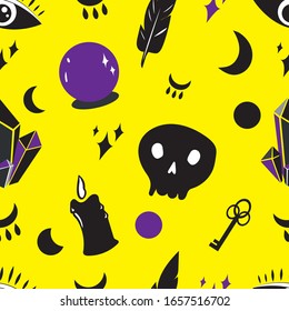 Mystic magic background. Religion and the occultism with esoteric and masonic symbols. Vector seamless pattern in retro style. Repeating Trendy stylish texture.