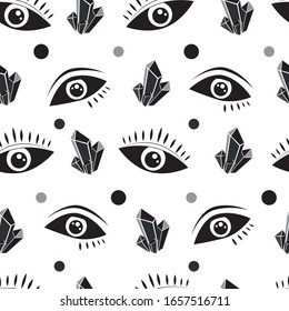 Mystic magic background. Religion and the occultism with esoteric and masonic symbols. Vector seamless pattern in retro style. Repeating Trendy stylish texture.