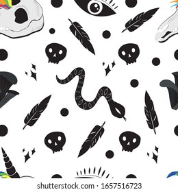 Mystic magic background. Religion and the occultism with esoteric and masonic symbols. Vector seamless pattern in retro style. Repeating Trendy stylish texture.