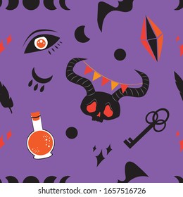 Mystic magic background. Religion and the occultism with esoteric and masonic symbols. Vector seamless pattern in retro style. Repeating Trendy stylish texture.