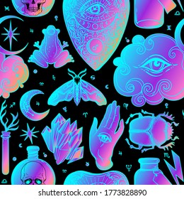 Mystic, magic, background. Religion and the occultism with esoteric and masonic symbols. Medieval manuscript inspired. Vector seamless pattern in retro style. Repeating Trendy stylish texture.