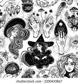 Mystic, magic, background. Religion and the occultism with esoteric and masonic symbols. Medieval manuscript inspired. Vector seamless pattern in retro style.  Repeating Trendy stylish texture. 