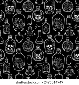 Mystic, magic, background. Religion and the occultism with esoteric and masonic symbols. Medieval manuscript inspired. Vector seamless pattern in retro style.