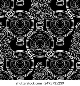 Mystic, magic, background. Religion and the occultism with esoteric and masonic symbols. Medieval manuscript inspired. Vector seamless pattern in retro style.