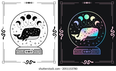 Mystic magic ball with celestial whale and moon phases and night sky. Holographic and black illustration.