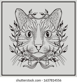 Mystic magic cat. Portrait face head hand drawn vintage style.Line art ink painting.Graphic design tatoo.Vector illustration.