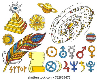 Mystic magic vector esoteric symbols sketch hand drawn religion philosophy spirituality occultism chemistry science illustration