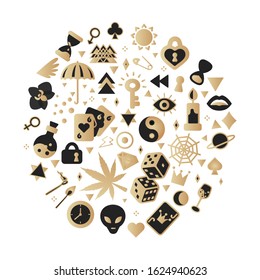 Mystic, magic, witchcraft signs. Gold and black occultism, esoteric, astrological symbols. Geometric symbols. Vector illustration isolated on white background.