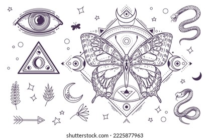 Mystic magical elements. Tattoo graphic design, magic eye and triangle, snakes and moon. Line vector boho style collection