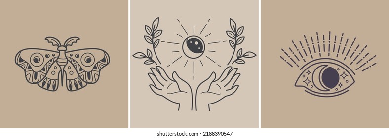 Mystic and magical symbols, isolated moth animal with drawings on wings. Hands holding crescent moon and sun eclipse, wreath with flowers and foliage. Seeing eye, sketches. Vector in flat style