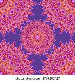 Mystic mandala vector seamless pattern. Clothes print design. Round floral mandala ornament with butterfly, heart, leaf, petal, flower elements. Indian medallion motif seamless backdrop.