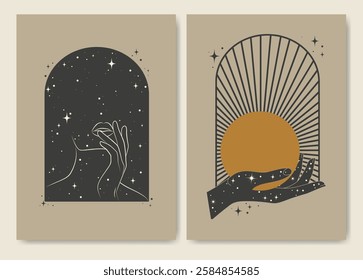 Mystic minimalist abstract aesthetic illustrations. Collection of creative artistic posters. Mystic hand