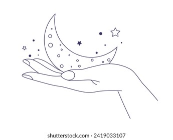 Mystic minimalist composition of hand holding crescent moon with stars and cosmos constellations. Isolated icon for witchcraft and magic esoteric designs, occultism power. Vector in flat style
