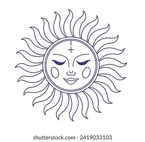 Mystic minimalist sun with facial expression and flaming rays of light. Isolated icon for mystical and esoterically composition, magic and witchcraft rituals and practice. Vector in flat style