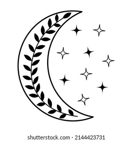 Mystic moon crescent with twig inside. Esoteric spiritual ethnic mascot with stars. Linear design, hand-drawing. 
