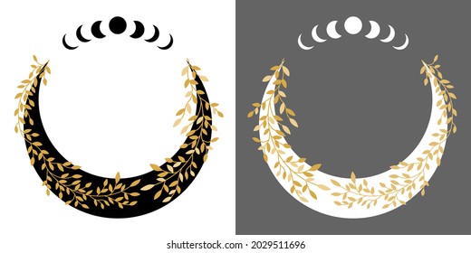 Mystic moon with floral gold elements. Moon phases frame. For greeting cards, invitations, cosmetics, beauty, tattoo, jewelry store. Decorative boho elements. Isolated vector illustration.