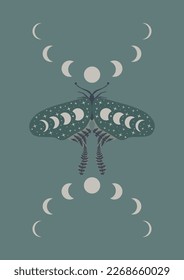 Mystic Moon moth card. Vector illustration hand drawn