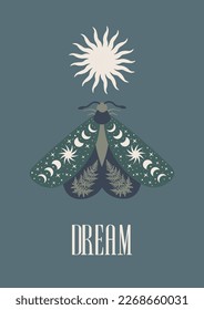 Mystic Moon moth card. Vector illustration hand drawn