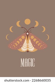 Mystic Moon moth card. Vector illustration hand drawn