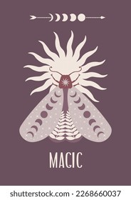 Mystic Moon Moth Card. Vektorgrafik handgezeichnet