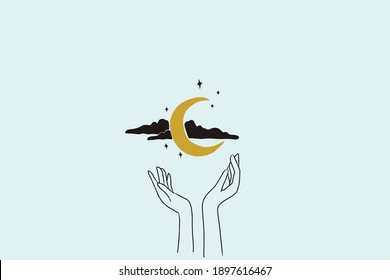 Mystic Moon moth linocut style card. Vector illustration hand drawn
