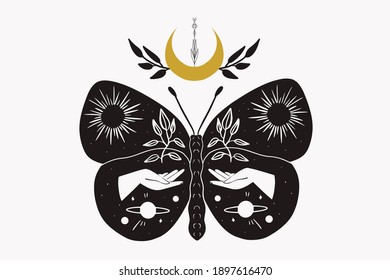 Mystic Moon moth linocut style card. Vector illustration hand drawn