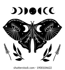 Mystic Moon moth linocut style card. Vector illustration hand drawn