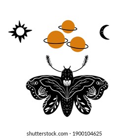 Mystic Moon moth linocut style card. Vector illustration hand drawn