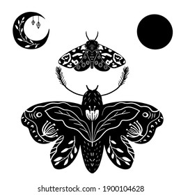 Mystic Moon moth linocut style card. Vector illustration hand drawn