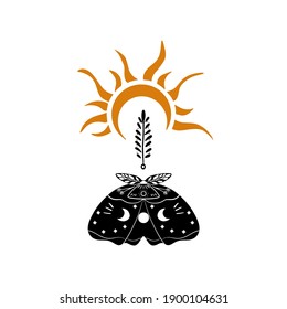Mystic Moon moth linocut style card. Vector illustration hand drawn
