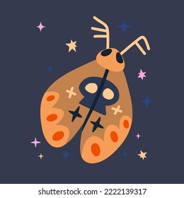 Mystic Moon moth with skull pattern on back. Horror butterfly with wings. Сartoon vector Illustration for Halloween.