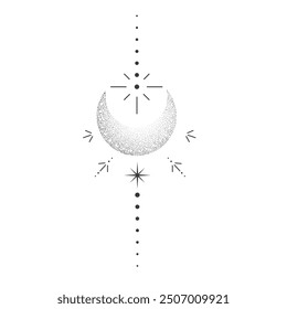 Mystic moon sand grain celestial astrology magic element with rays, burst minimal line tattoo, border or decoration pointillism isolated Space symbols, emblem.