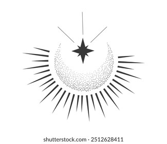 Mystic moon sand grain celestial astrology magic element with rays, burst minimal line tattoo, border or decoration pointillism isolated Space symbols, emblem.