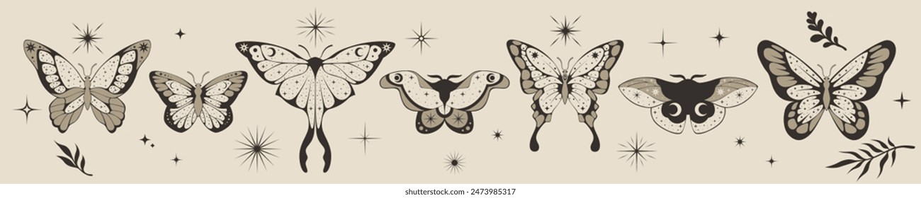 Polilla mística. Magia de mariposa, conjunto de tatuajes de elementos aislados, icono celestial. Flor de la astrología, símbolo boho esotérico, logotipo misterioso estilo bohemio, insectos voladores monocromo dibujo mínimo. Arte vectorial