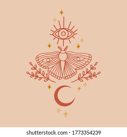 Mystic moth isolated vector illustration. Magic moon, occult, magic third eye greeting card, print, poster.