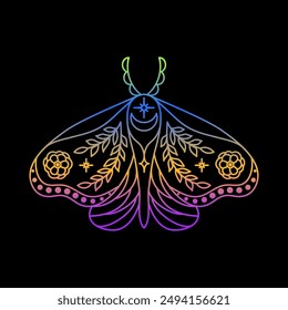 Mystic moth in linear style with gradient colours on black background.