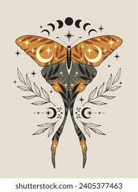 Mystic moth vector illustration. Magic moon, occult, print, poster.