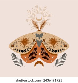 Mystic moth vector illustration. Magic moon, occult, print, poster.