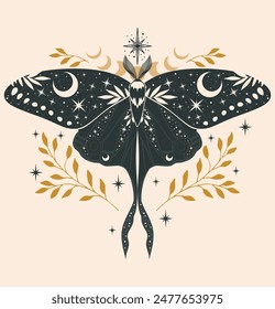 Mystic moth vector illustration. Magic moon, occult, print, poster.