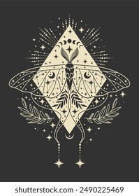 Mystic moth vector illustration. Magic moon, occult, print, poster.