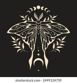 Mystic moth vector illustration. Magic moon, occult, print, poster.