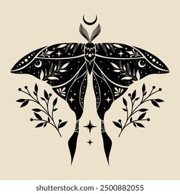 Mystic moth vector illustration. Magic moon, occult, print, poster.