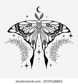 Mystic moth vector illustration. Magic moon, occult, print, poster, tattoo.