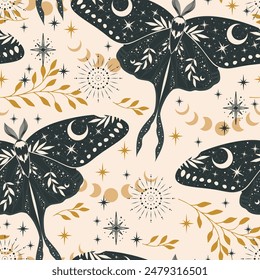 Mystic moth vector seamless pattern. Magic moon, occult, print, poster.