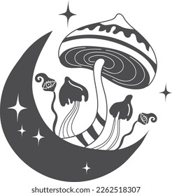 Mystic mushroom on moon crescent. Celestial witch symbol isolated on white background